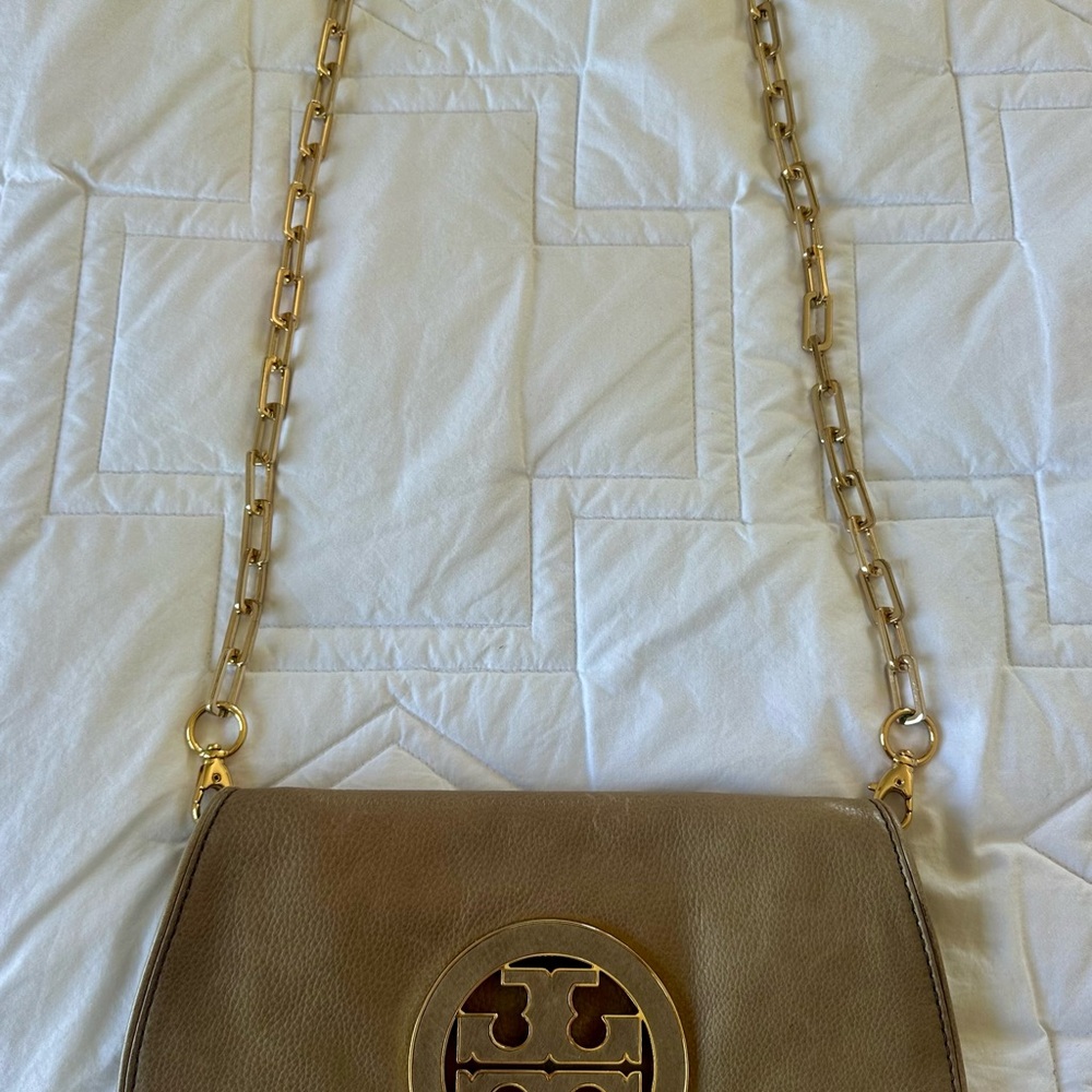 Tory Burch Beige Crossbody Bag with Gold Accents